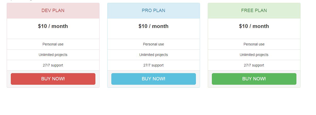 Bootstrap Styled Simple Pricing Table