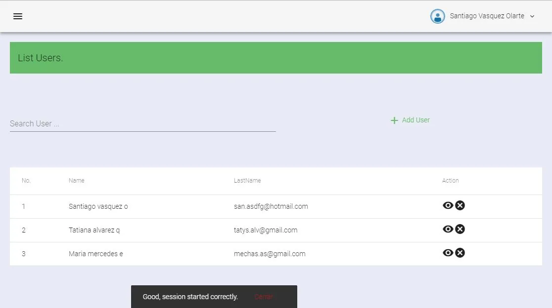 Angular 6 user list pulled from the API, shown in a paginated table